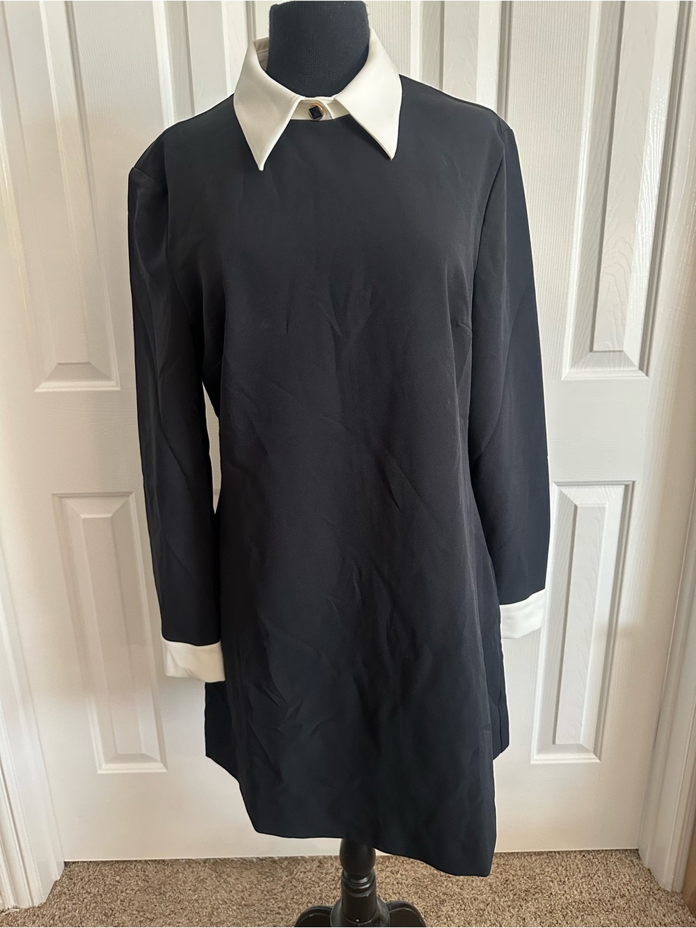 French Connection Black Long-Sleeve Dress with White Collar & Cuffs